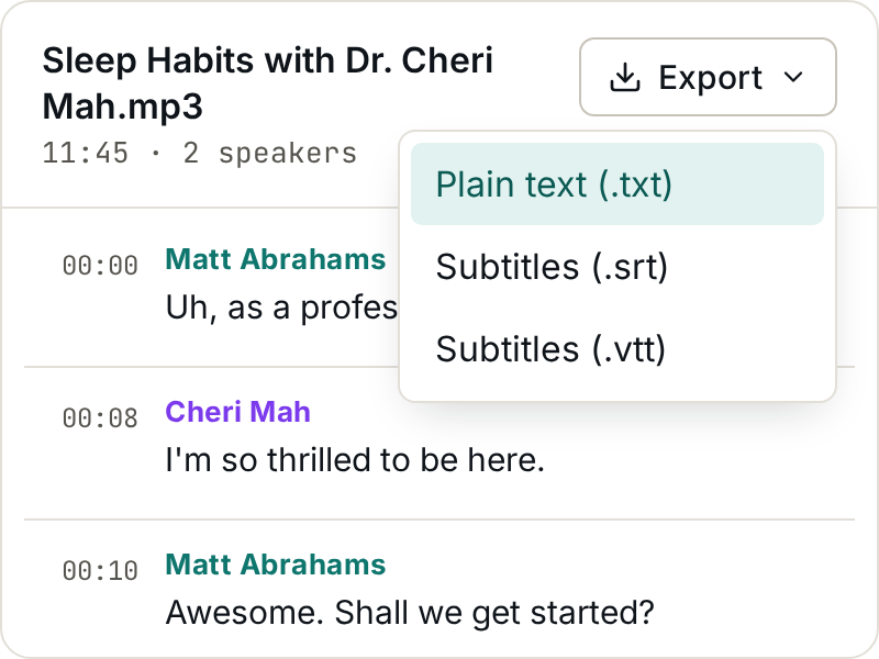 The export menu with TXT, SRT and VTT options