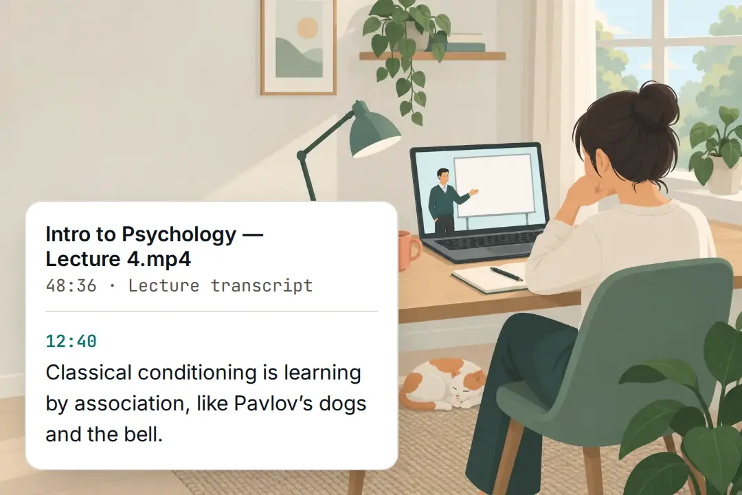 A student watching an online lecture, with the transcript laid out as notes