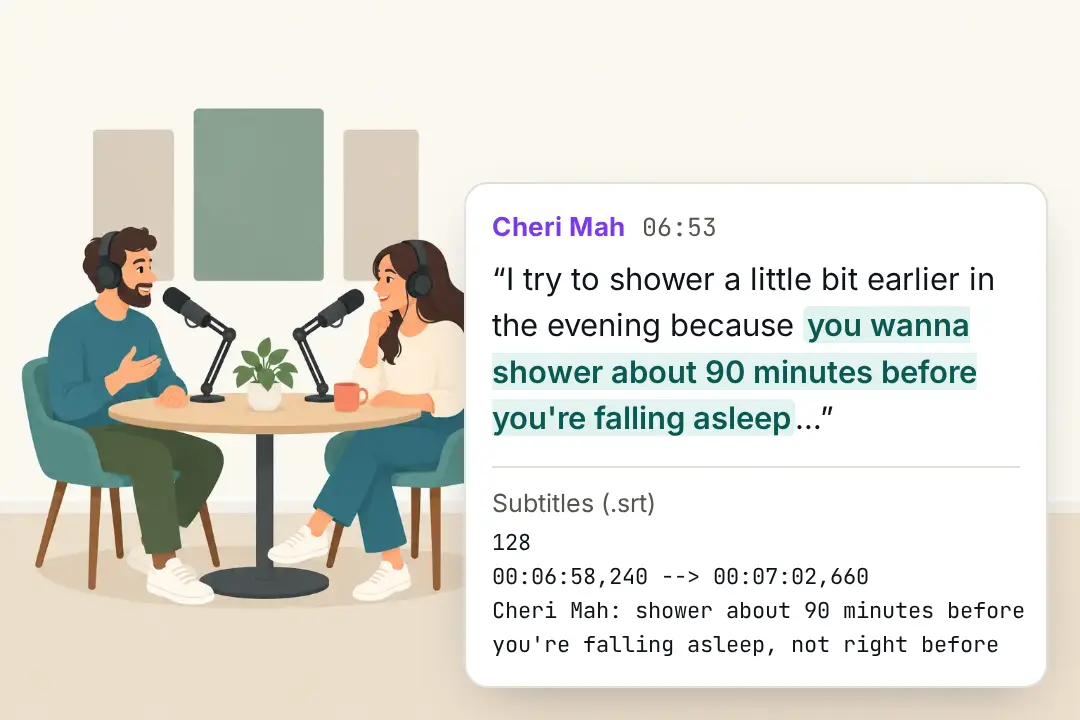 Two people recording a podcast, with a quotable line and its subtitle cue