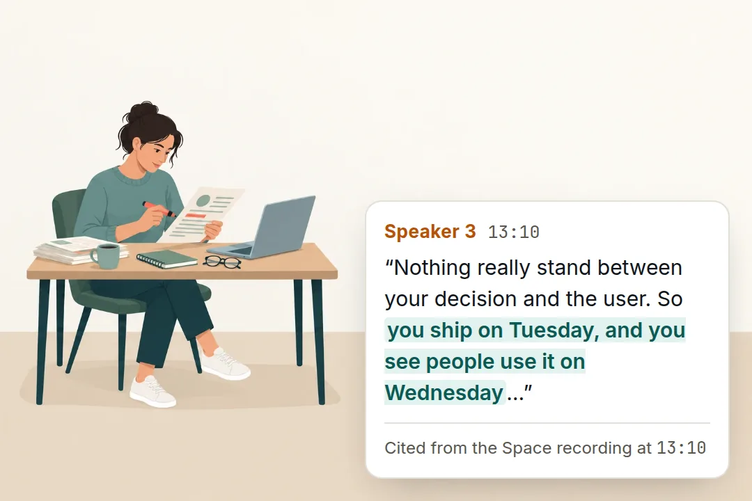 A journalist reviewing notes, next to a quote cited with its time in the Space recording